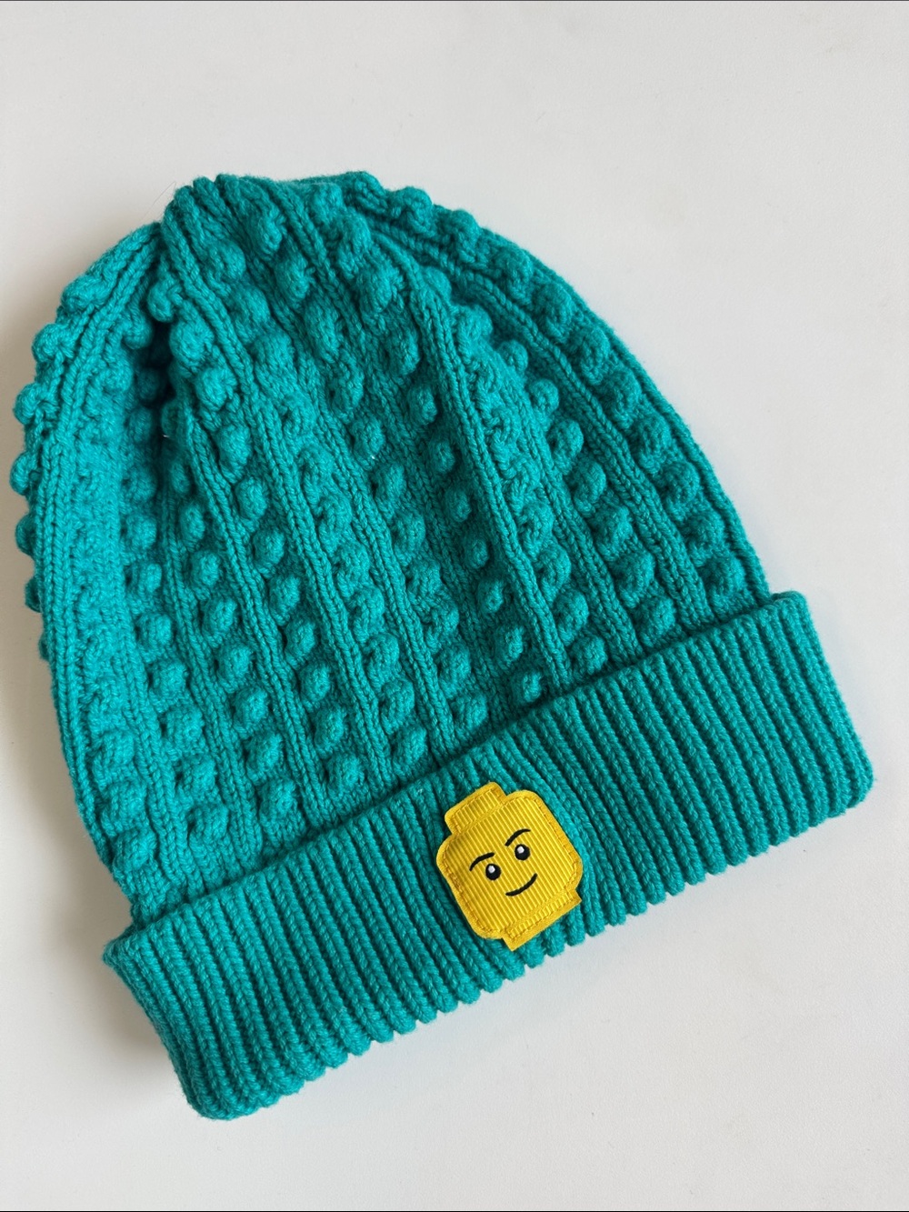 Kids Lego Brand Teal Knit Beanie with Yellow Brick Face Patch